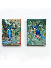 Load image into Gallery viewer, A-flash-of-Blue-and-Little-King-kingfisher-LG-paintlikeabirdsings-painting-birds-13x18cm-on-floor.jpg