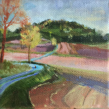 Load image into Gallery viewer, France landscape painting in Lauzerte with little dog 10x10cm LG #paintlikeabirdsings
