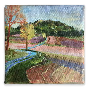 France landscape painting in Lauzerte with little dog 10x10cm LG #paintlikeabirdsings