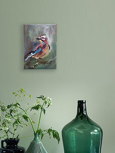 Little-Young-Jay-LG-LoveliesGems-paintlikeabirdsings-painting-birds-13x18cm-interior-green