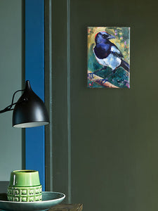 Missy-Magpie-LG-LoveliesGems-paintlikeabirdsings-painting-birds-13x18cm-interior green