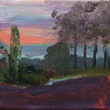 Load image into Gallery viewer, Landscape painting nightfall France 10x10cm bright sunset darkgreen and warm purple LG #paintlikeabirdsings
