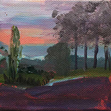 Landscape painting nightfall France 10x10cm bright sunset darkgreen and warm purple LG #paintlikeabirdsings