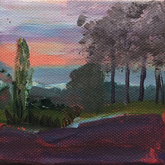 Landscape painting nightfall France 10x10cm bright sunset darkgreen and warm purple LG #paintlikeabirdsings