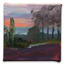 Load image into Gallery viewer, Landscape painting nightfall France 10x10cm bright sunset darkgreen and warm purple LG #paintlikeabirdsings
