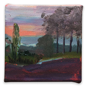 Landscape painting nightfall France 10x10cm bright sunset darkgreen and warm purple LG #paintlikeabirdsings